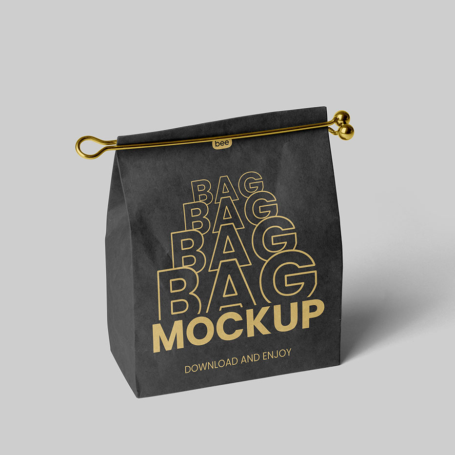 Free Perspective Paper Bag with Clip Mockup PSD Template