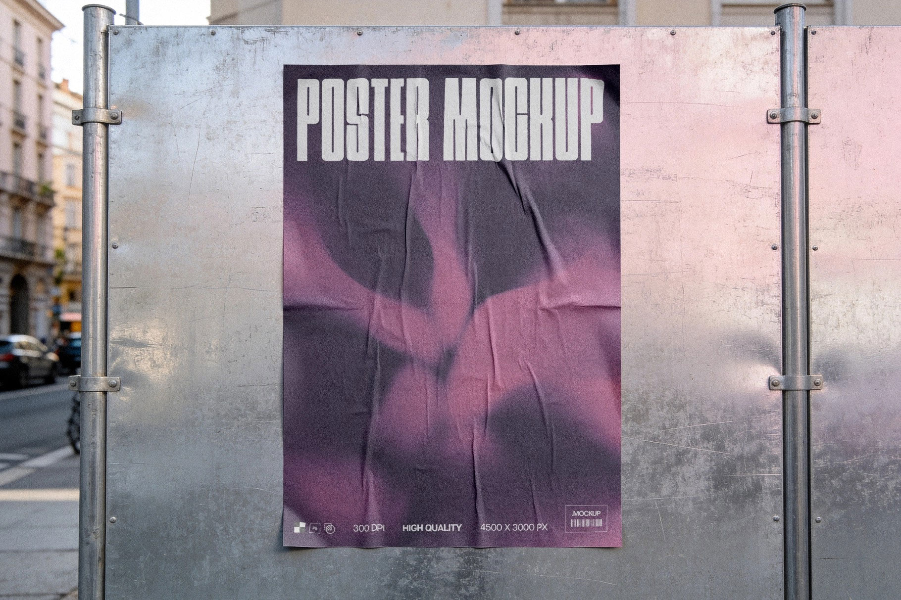 Free Poster Mockup on Construction Fence PSD Template