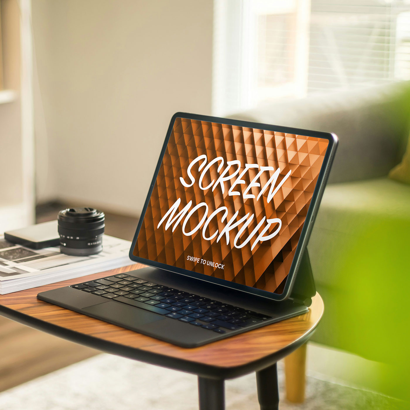 Free Tablet in Living Room Mockup PSD Template