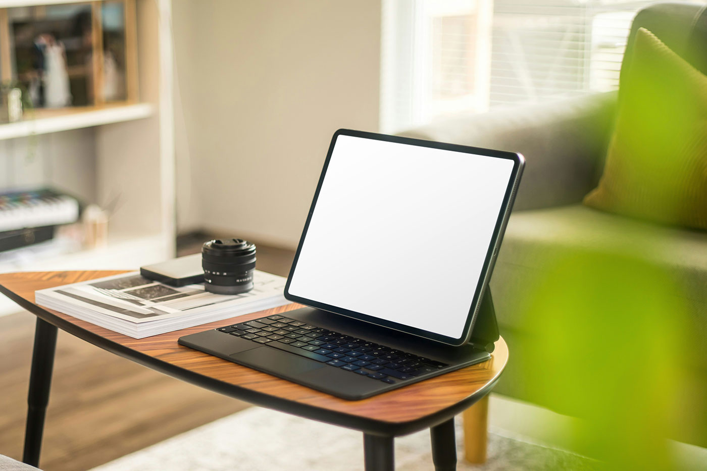 Free Tablet in Living Room Mockup PSD Template