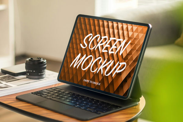 Free Tablet in Living Room Mockup PSD Template