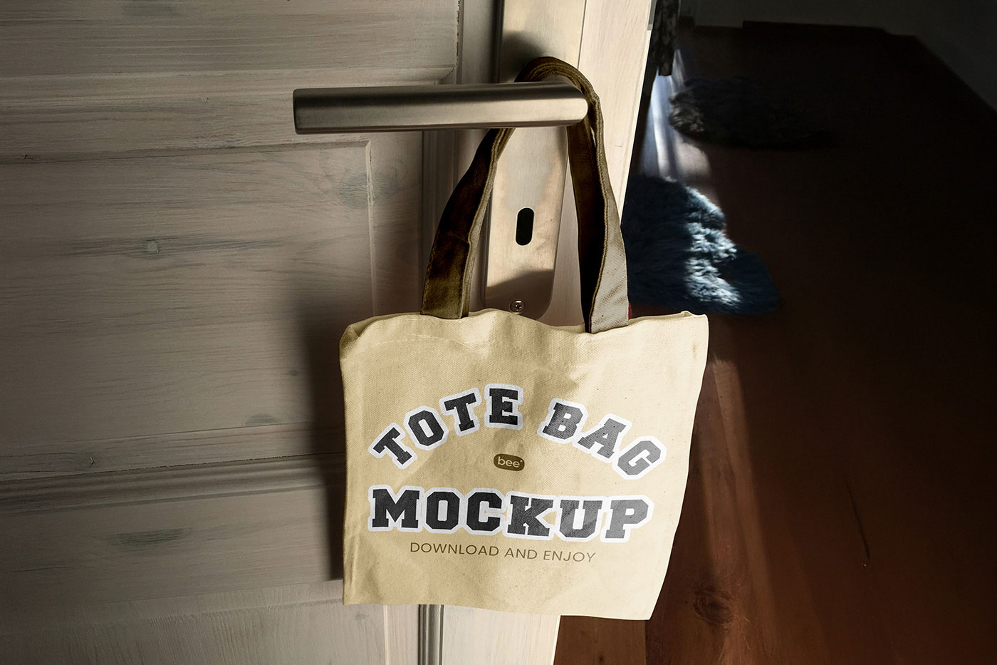 Free Tote Bag on Door Handle Mockup PSD Template