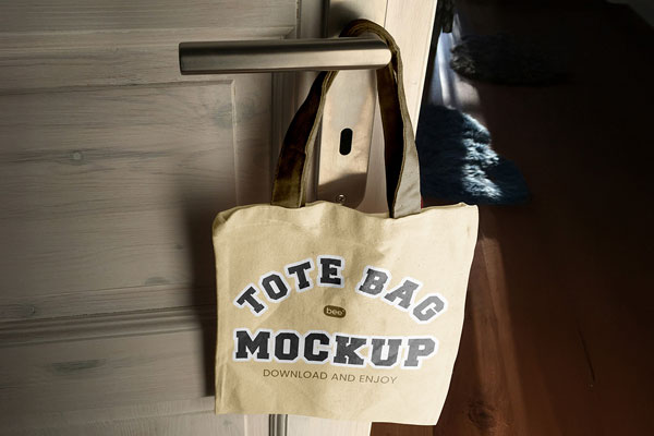 Free Tote Bag on Door Handle Mockup PSD Template