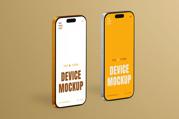 Free Two Standing iPhone 16 Pro Mockups PSD Template