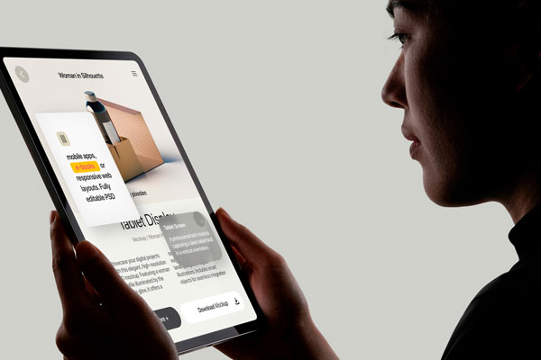 Free Woman with Minimalist Tablet Mockup PSD Template