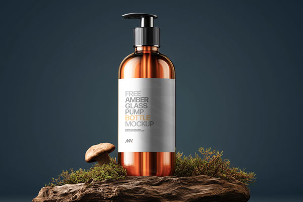 Free Amber Bottle with Pump Mockup PSD Template