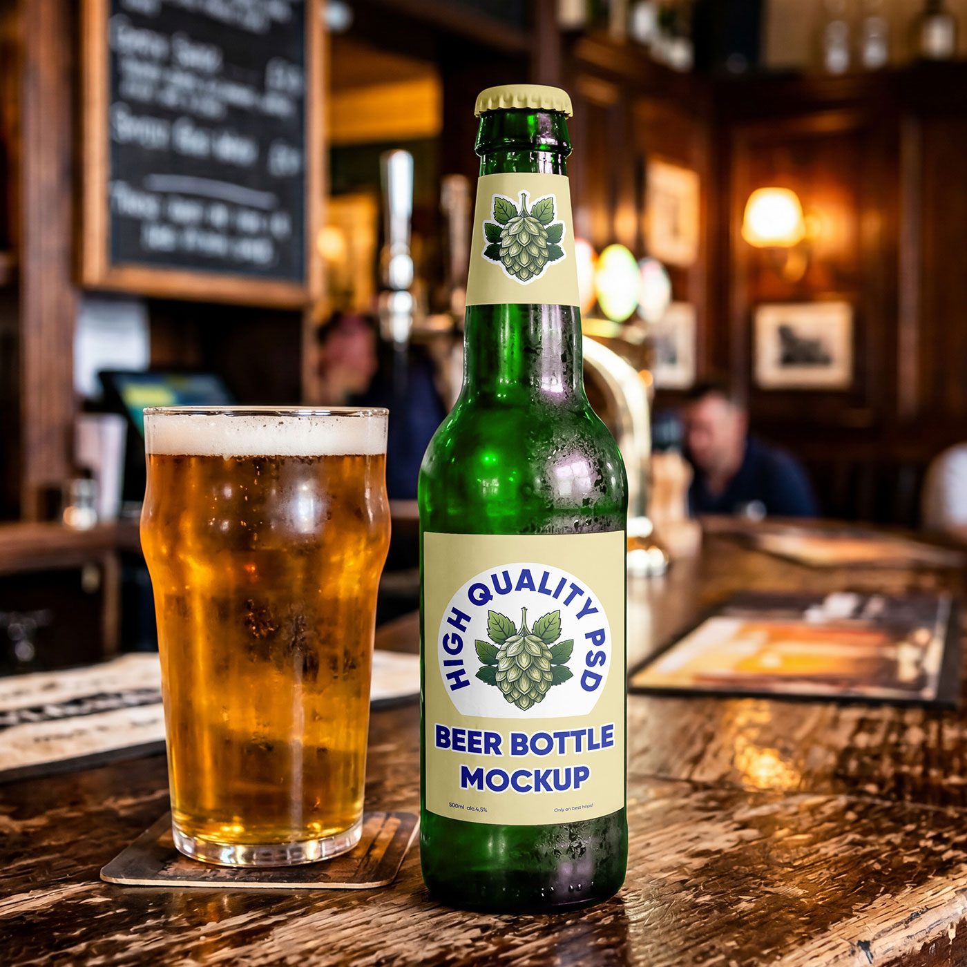 Free Beer Bottle in Pub Mockup PSD Template