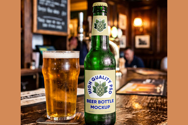 Free Beer Bottle in Pub Mockup PSD Template
