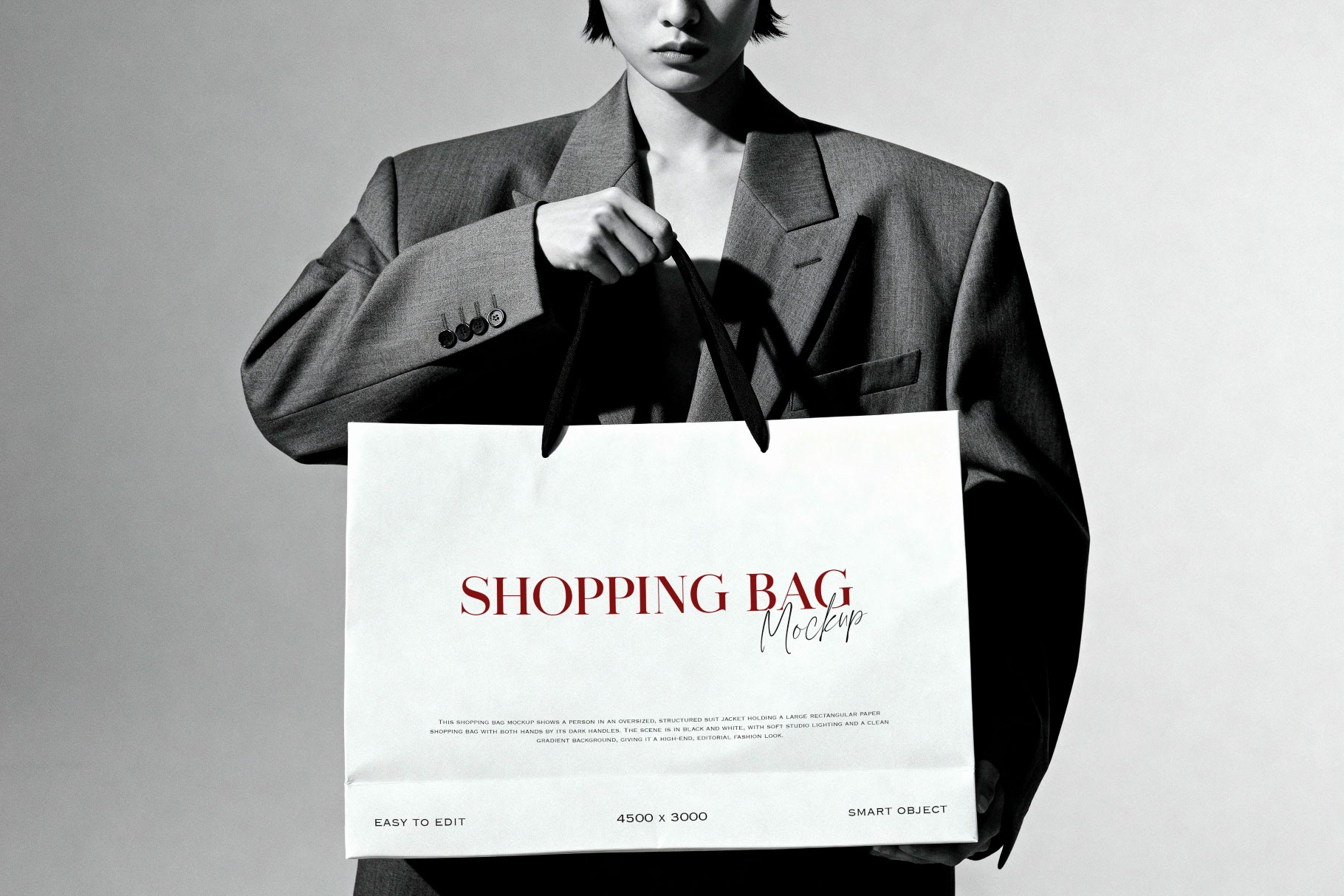 Free BW Model Holding Shopping Bag Mockup PSD Template