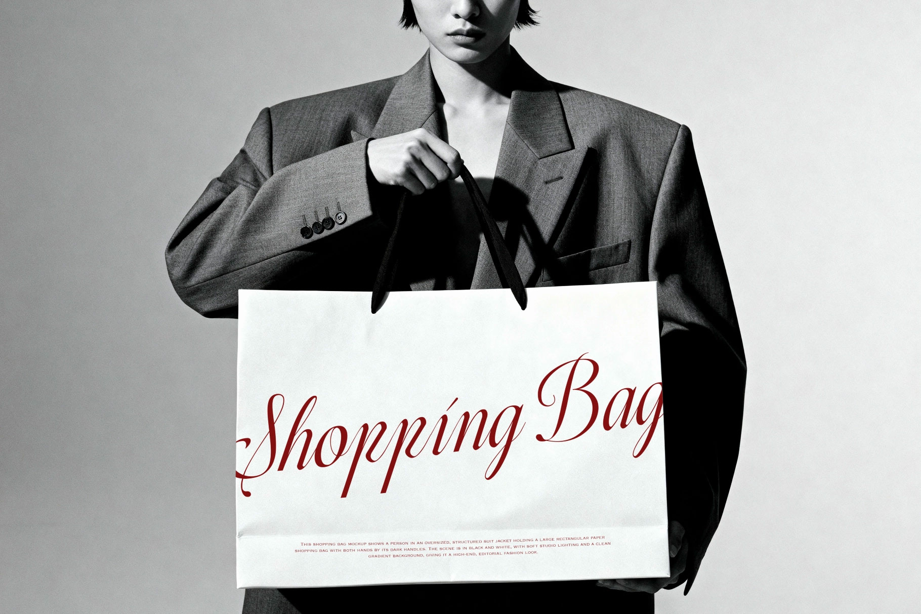 Free BW Model Holding Shopping Bag Mockup PSD Template