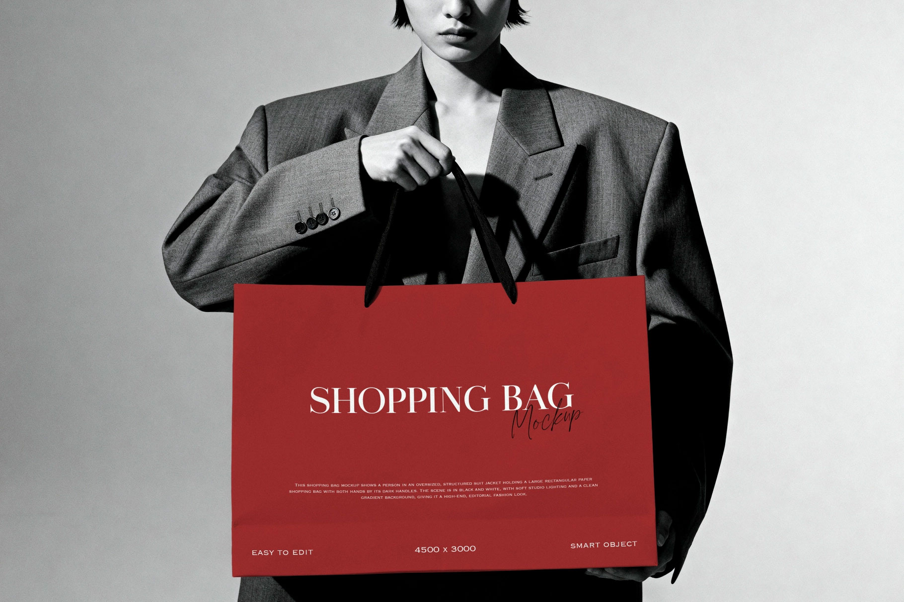 Free BW Model Holding Shopping Bag Mockup PSD Template