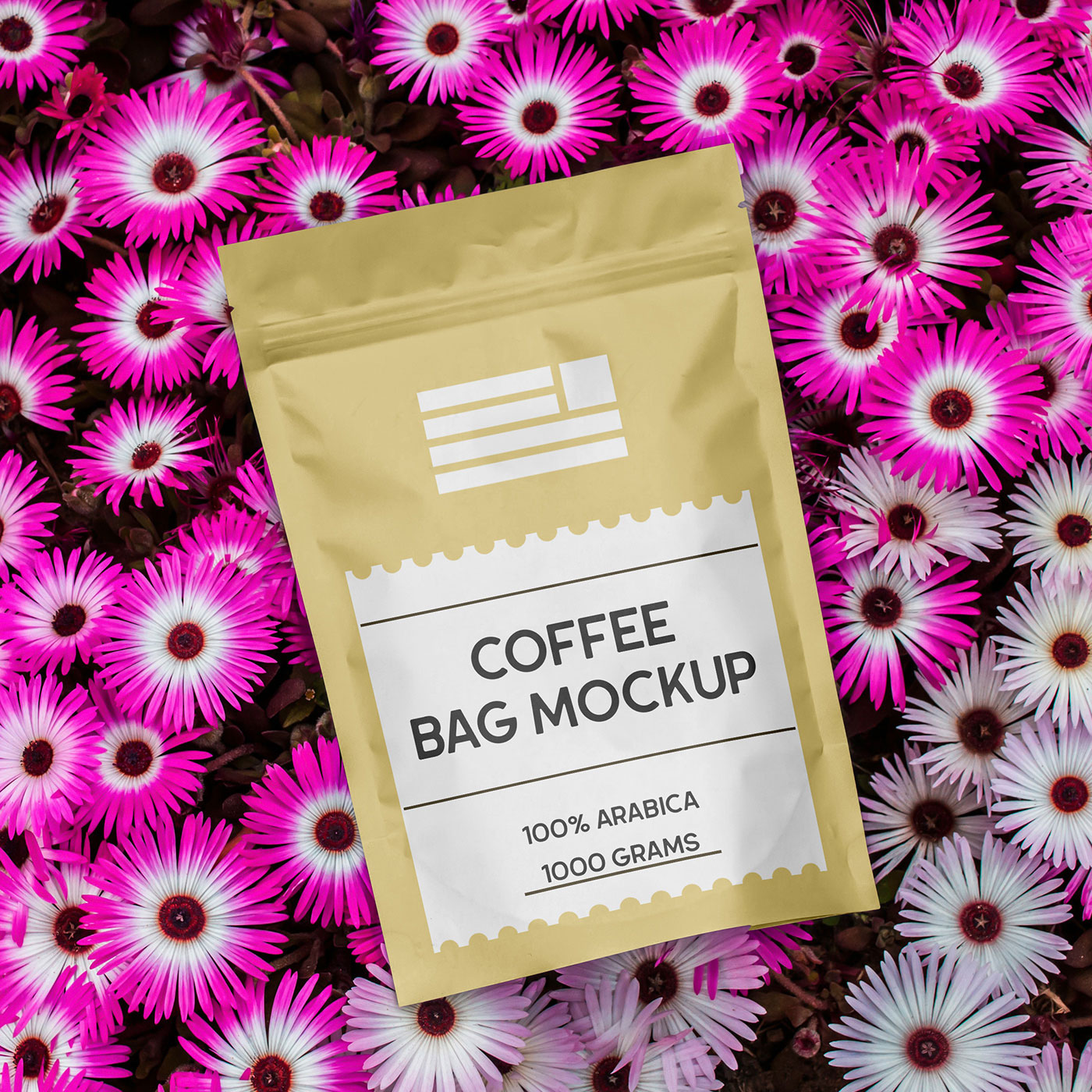 Free Coffee Bag on Flowers Mockup PSD Template
