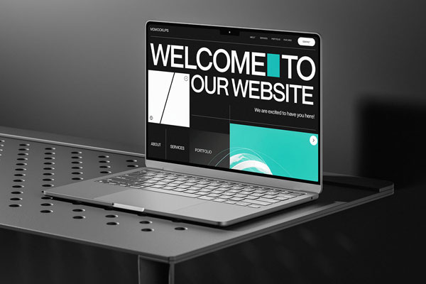 Free MacBook on a Black Table Mockup PSD Template