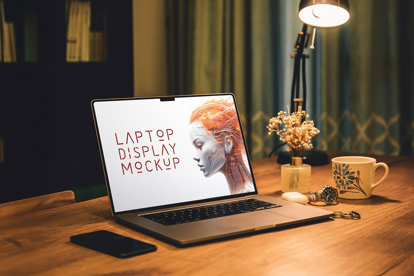 Free MacBook Screen with Lamp Mockup PSD Template