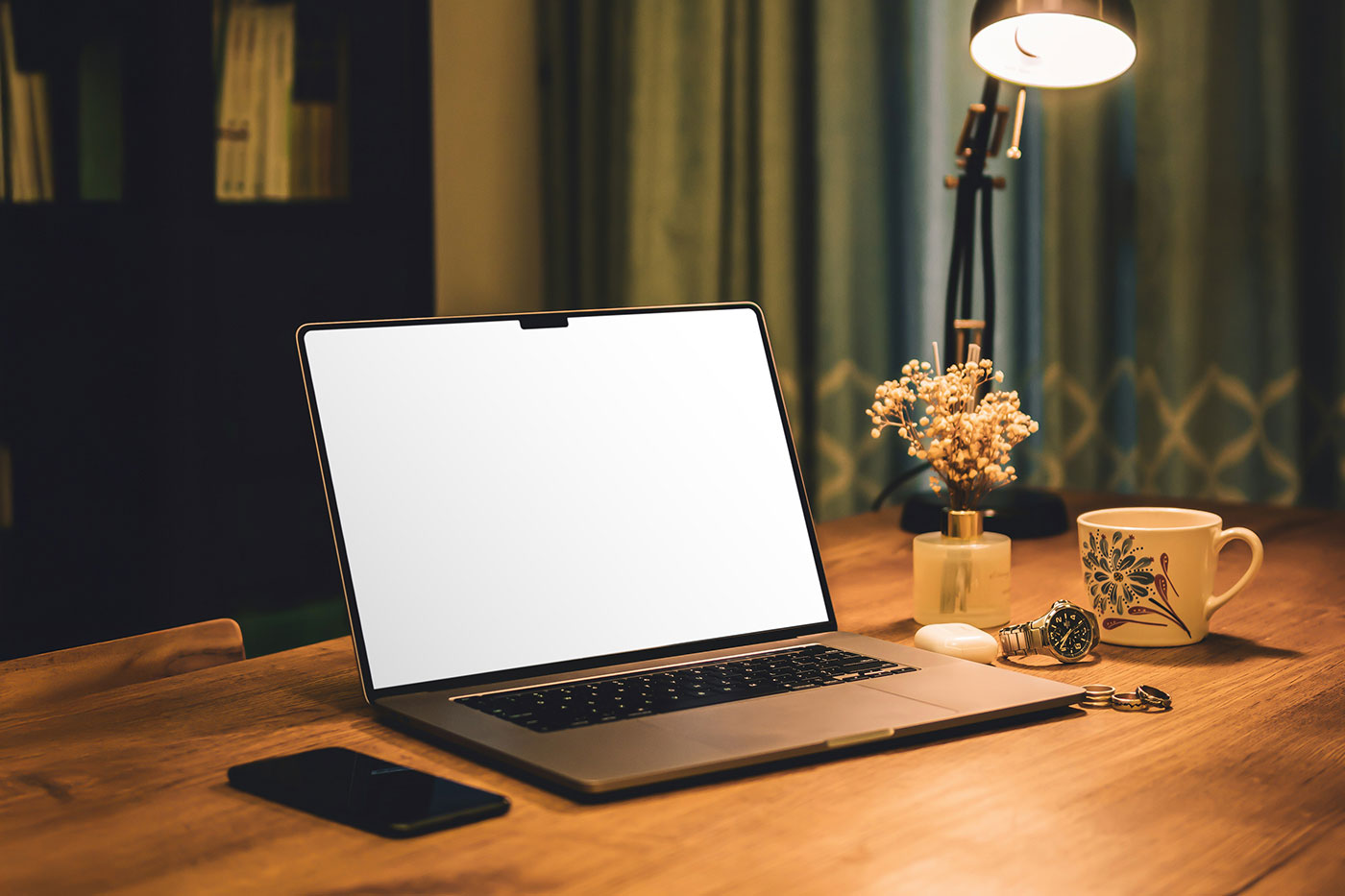 Free MacBook Screen with Lamp Mockup PSD Template