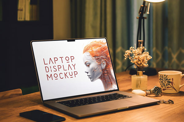 Free MacBook Screen with Lamp Mockup PSD Template