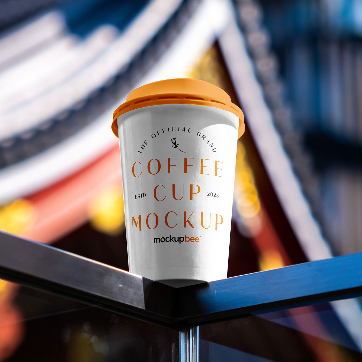 Free Medium Paper Cup on Railing Mockup PSD Template