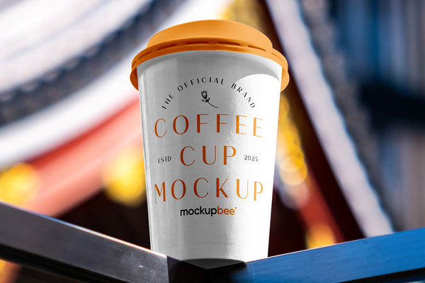 Free Medium Paper Cup on Railing Mockup PSD Template
