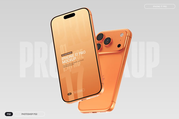Free Orange iPhone 17 Pro Mockup PSD Template