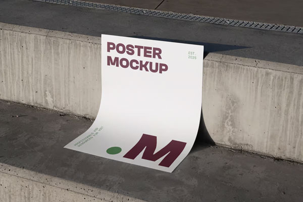 Free Poster on Concrete Stairs Mockup PSD Template