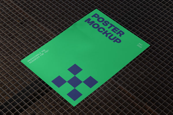 Free Poster on Metal Grid Mockup PSD Template