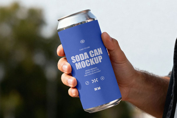 Free Soda Can Mockup in Hand PSD Template
