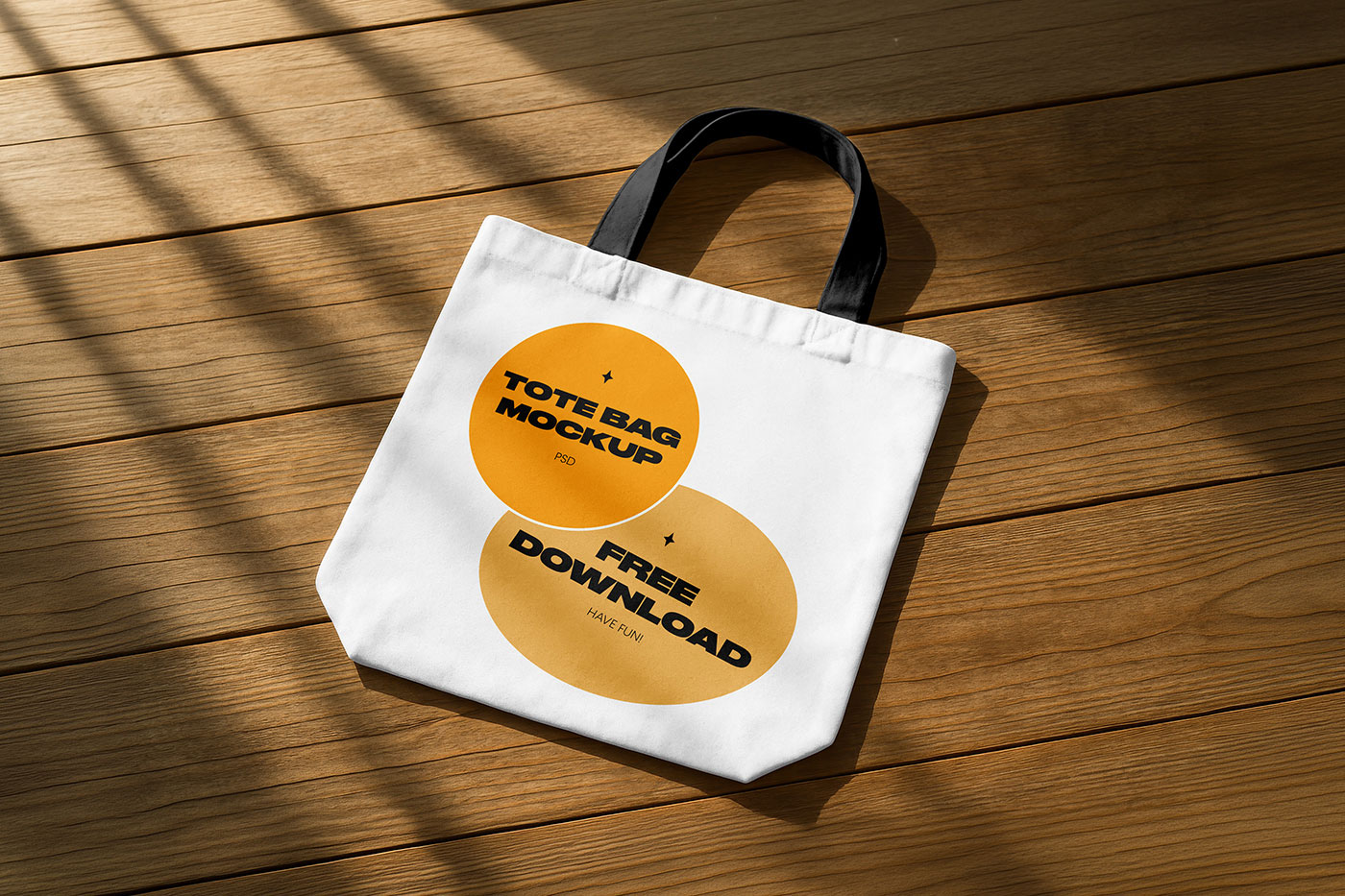 Free Tote Bag on Wooden Floor Mockup PSD Template