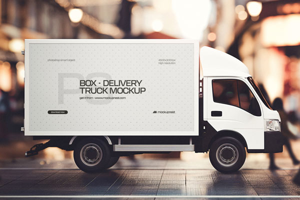 Free Box Food Delivery Truck Mockup PSD Template