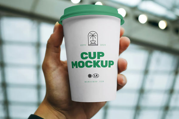 Free Coffee Cup in Hand Mockup PSD Template