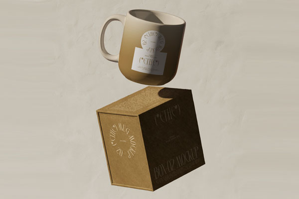 Free Floating Mug and Box Mockup PSD Template