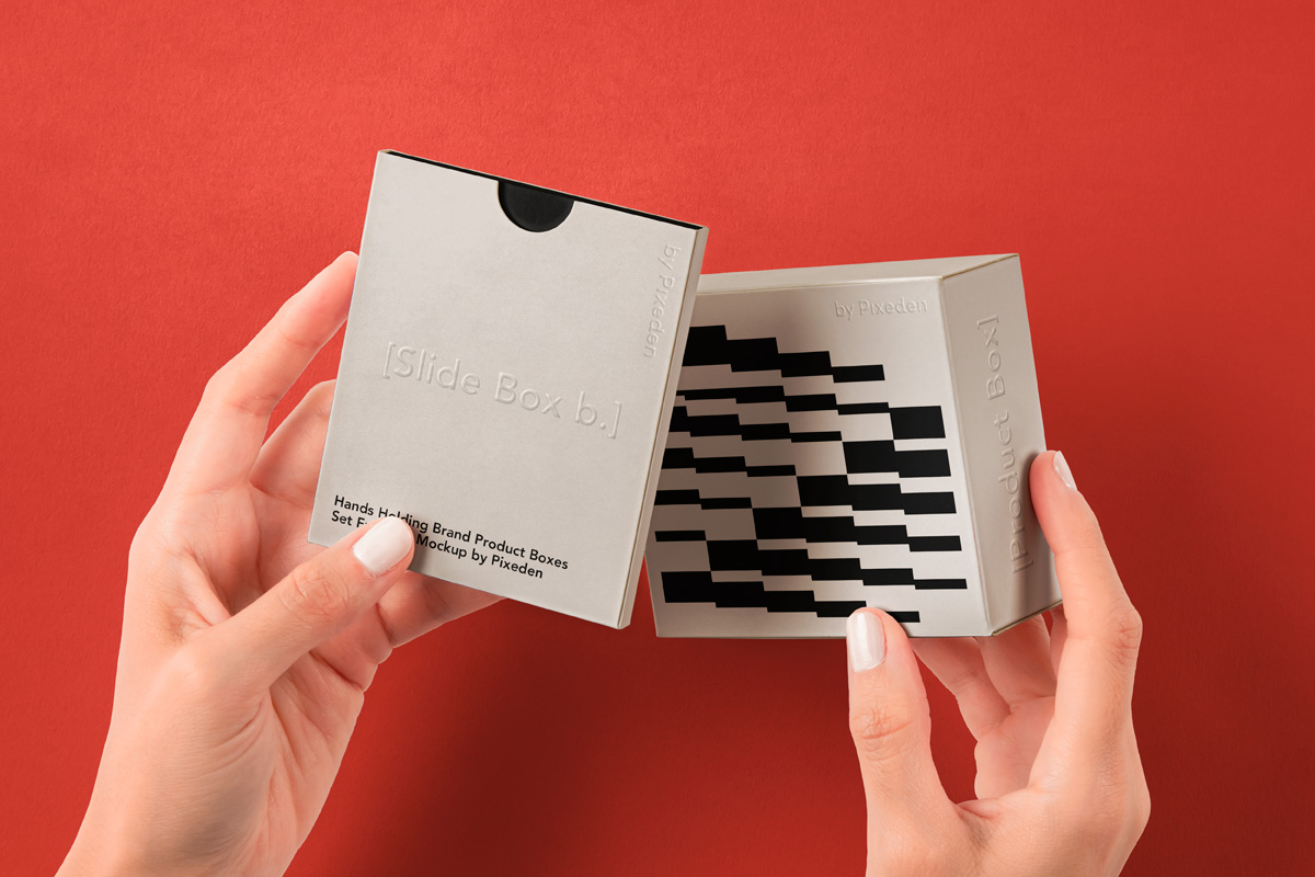 Free Hands Holding Boxes Set Mockup PSD Template