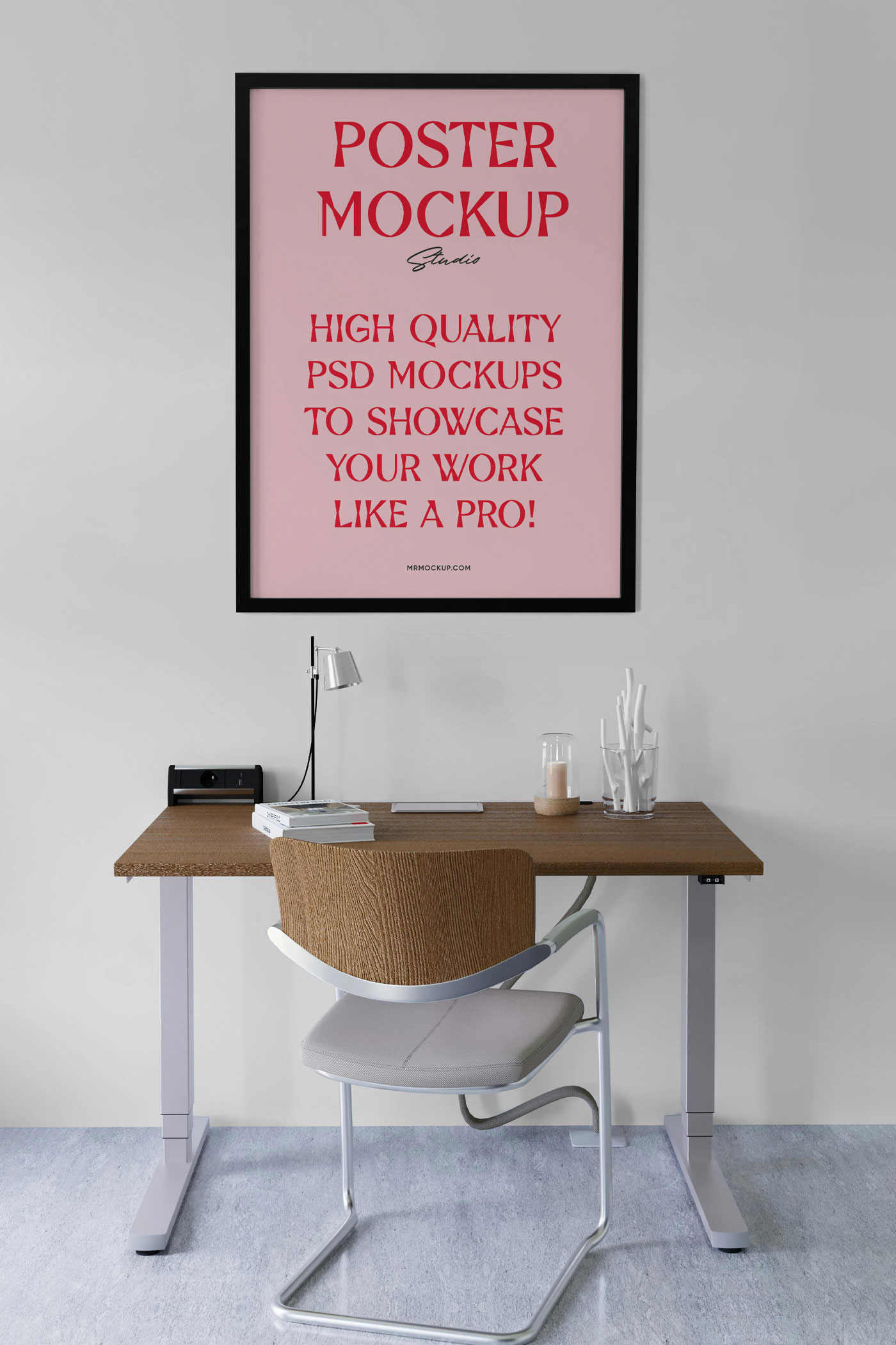 Free Hanging Poster Above Desk Mockup PSD Template