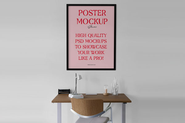 Free Hanging Poster Above Desk Mockup PSD Template