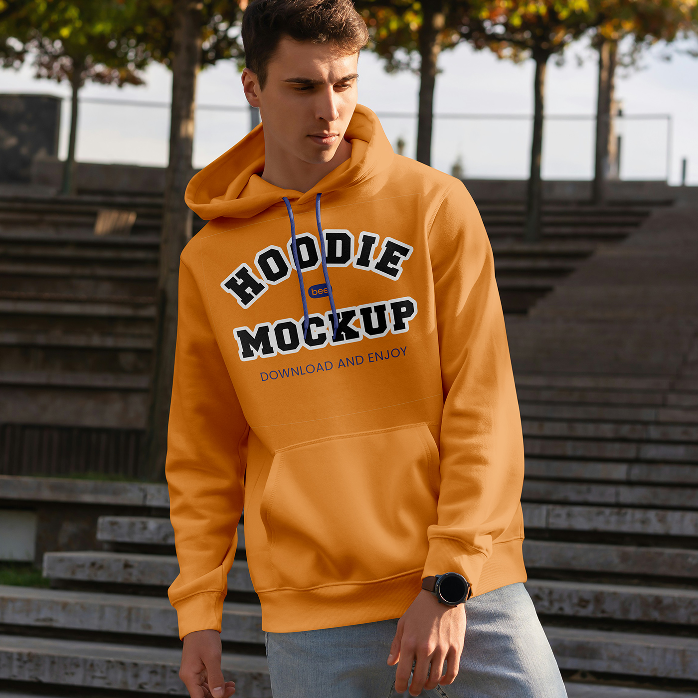 Free Hoodie on Man Mockup PSD Template