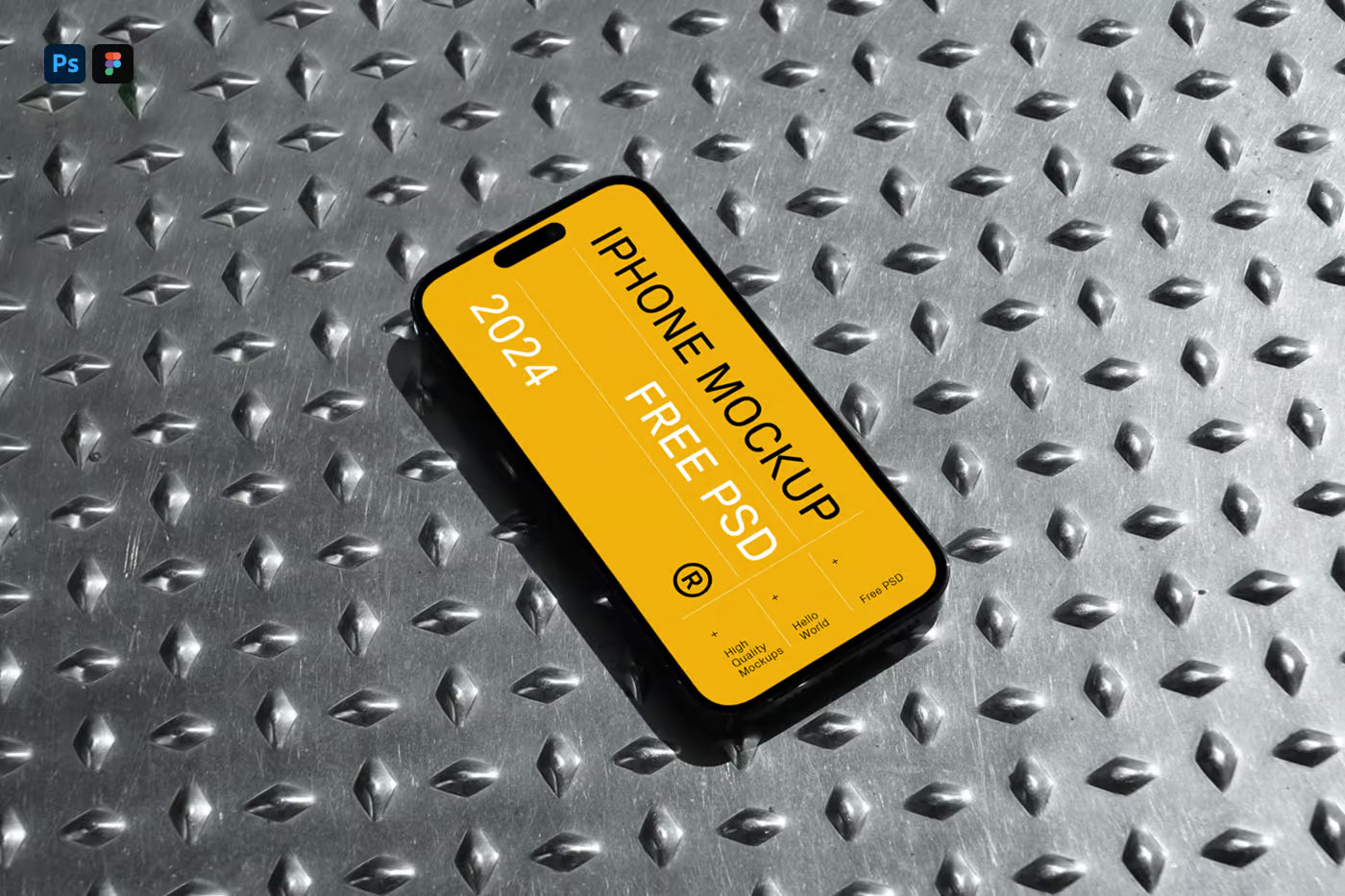 Free iPhone Pro on Metal Floor Mockup PSD Template