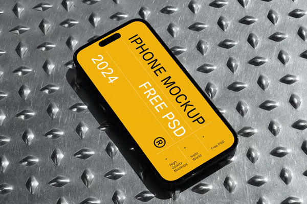 Free iPhone Pro on Metal Floor Mockup PSD Template