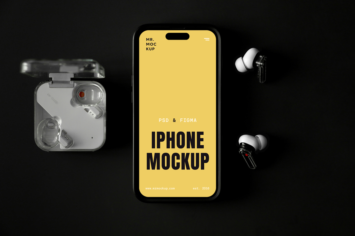 Free Laying iPhone with Accessories Mockup PSD Template