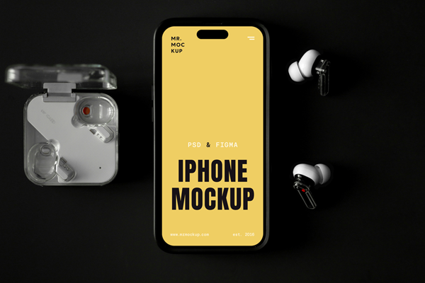 Free Laying iPhone with Accessories Mockup PSD Template