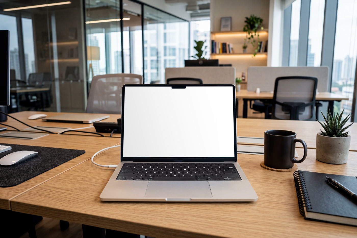 Free MacBook on Office Desk Mockup PSD Template