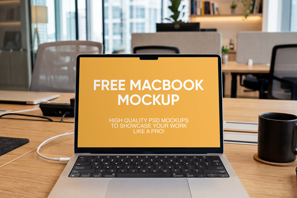 Free MacBook on Office Desk Mockup PSD Template