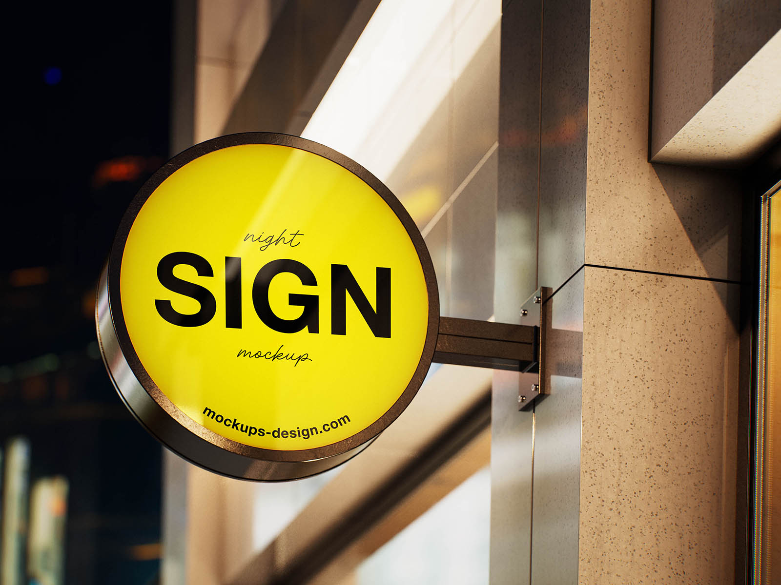 Free Night Lit Round Sign Mockup PSD Template