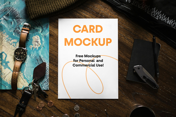 Free Paper Card on Desk Mockup PSD Template