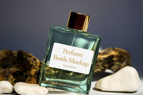 Free Perfume Bottle on Stone Mockup PSD Template