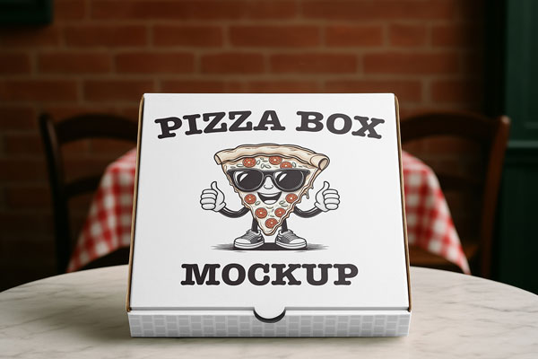 Free Pizza Box on Table Mockup PSD Template