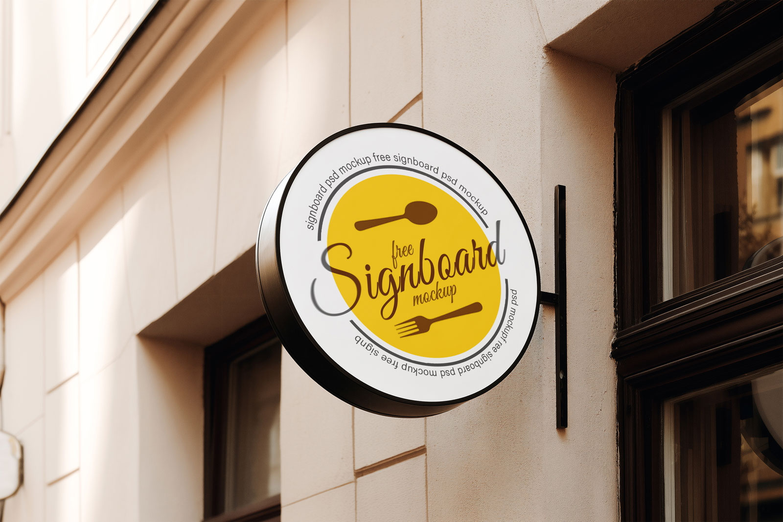 Free Round Sign Mockup on European Coffee Shop PSD Template