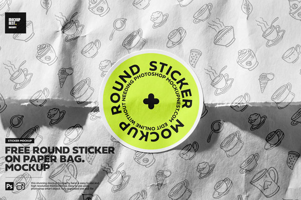 Free Round Sticker on Paper Bag Mockup PSD Template