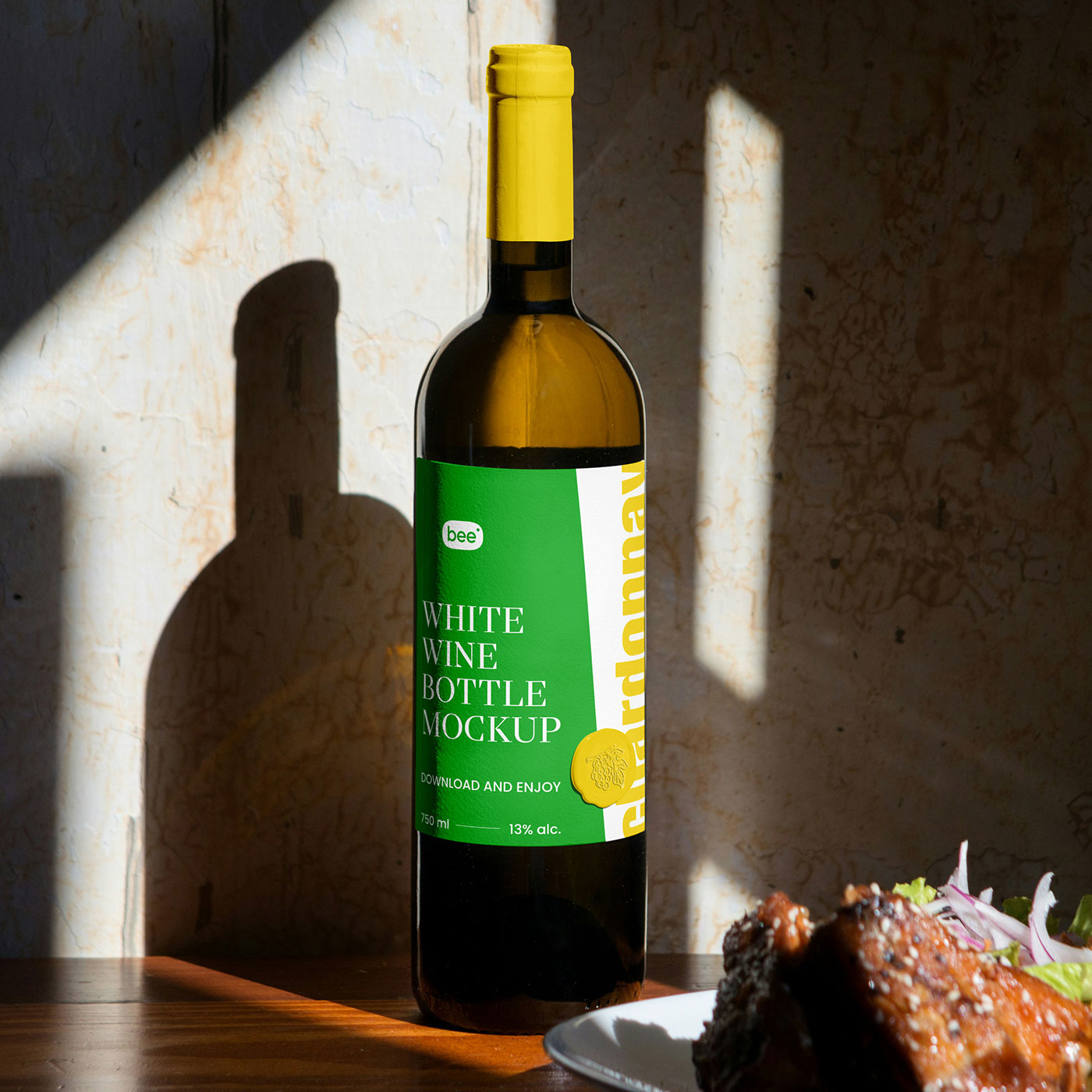 Free Shadow Wine Bottle Mockup with Stamp PSD Template
