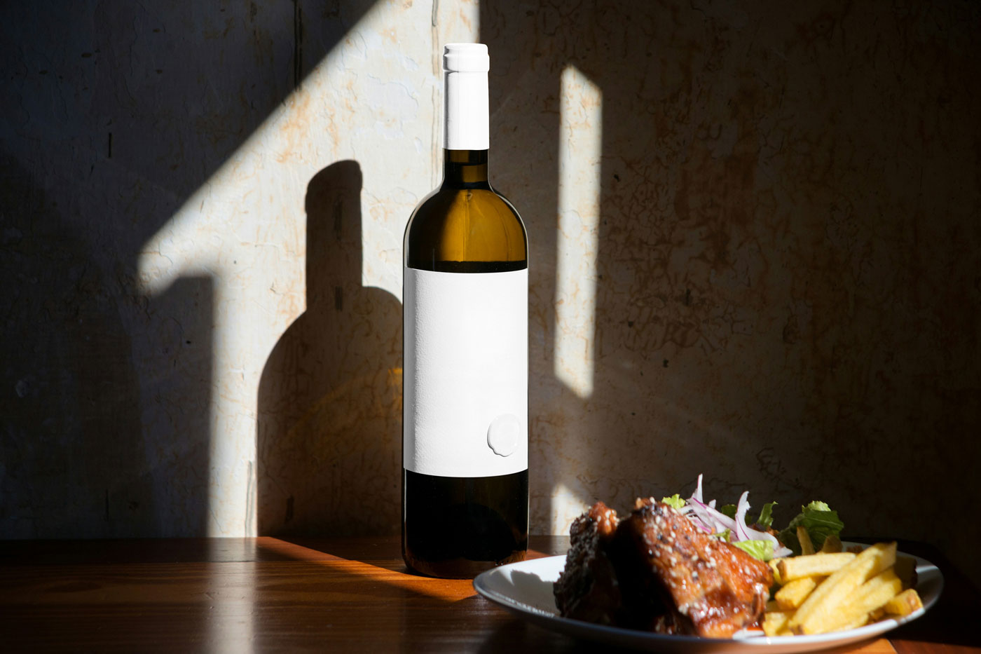 Free Shadow Wine Bottle Mockup with Stamp PSD Template