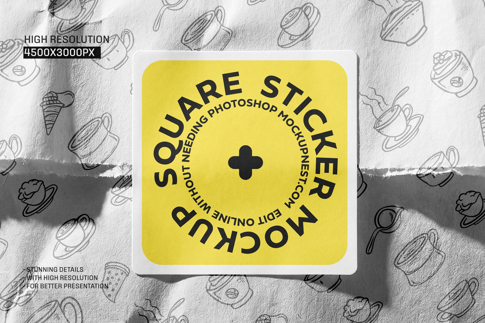 Free Square Sticker on Paper Mockup PSD Template