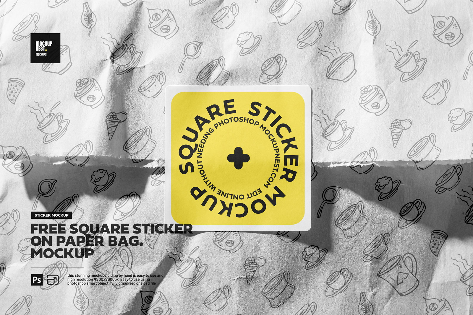 Free Square Sticker on Paper Mockup PSD Template